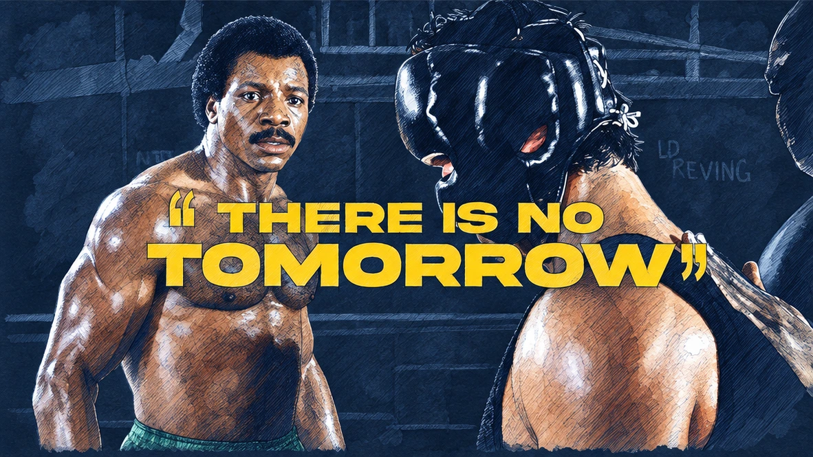 Ilustracja tuszem i akwarelą: Kadr z filmu: trening bokserski i napis „There is no tomorrow”