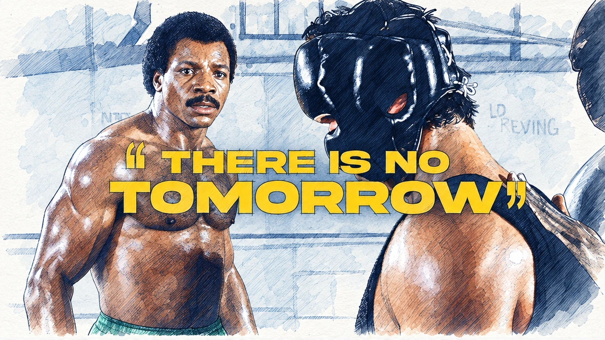 Ilustracja tuszem i akwarelą: Kadr z filmu: trening bokserski i napis „There is no tomorrow”