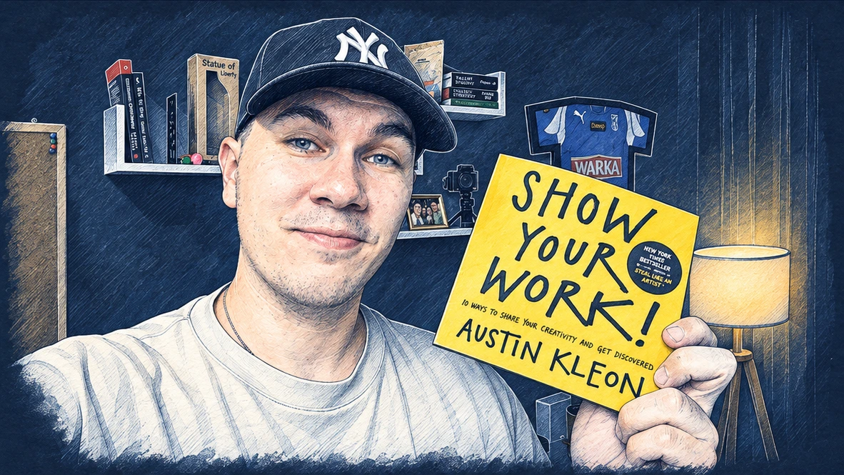 Ilustracja tuszem i akwarelą: Damian z książką „Show Your Work!” Austina Kleona