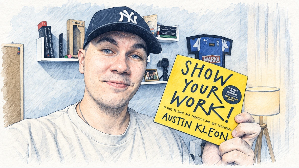 Ilustracja tuszem i akwarelą: Damian z książką „Show Your Work!” Austina Kleona