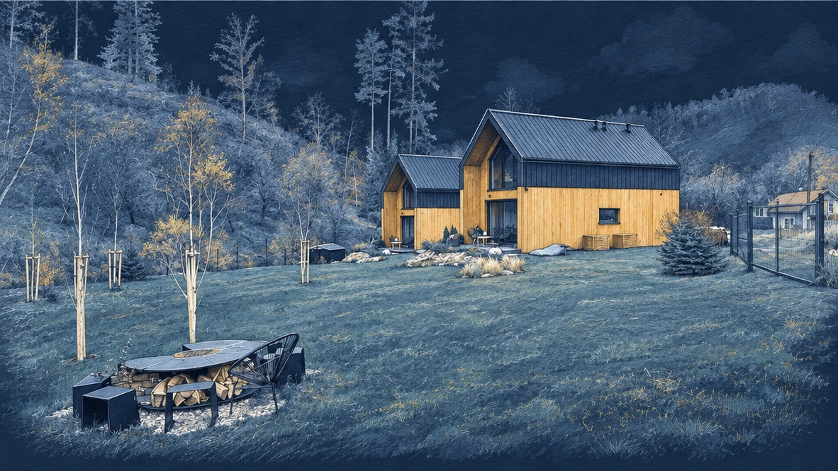 Ilustracja tuszem i akwarelą: Domki w Kudowie-Zdroju, wśród drzew i jesiennych wzgórz