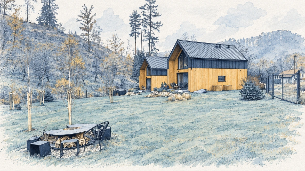 Ilustracja tuszem i akwarelą: Domki w Kudowie-Zdroju, wśród drzew i jesiennych wzgórz