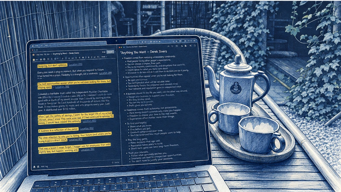 Ilustracja tuszem i akwarelą: Laptop z notatkami z książki Anything You Want, obok filiżanki i dzbanka herbaty