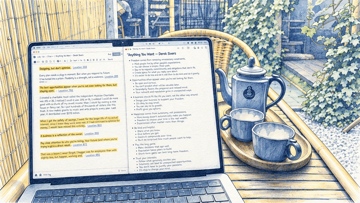 Ilustracja tuszem i akwarelą: Laptop z notatkami z książki Anything You Want, obok filiżanki i dzbanka herbaty